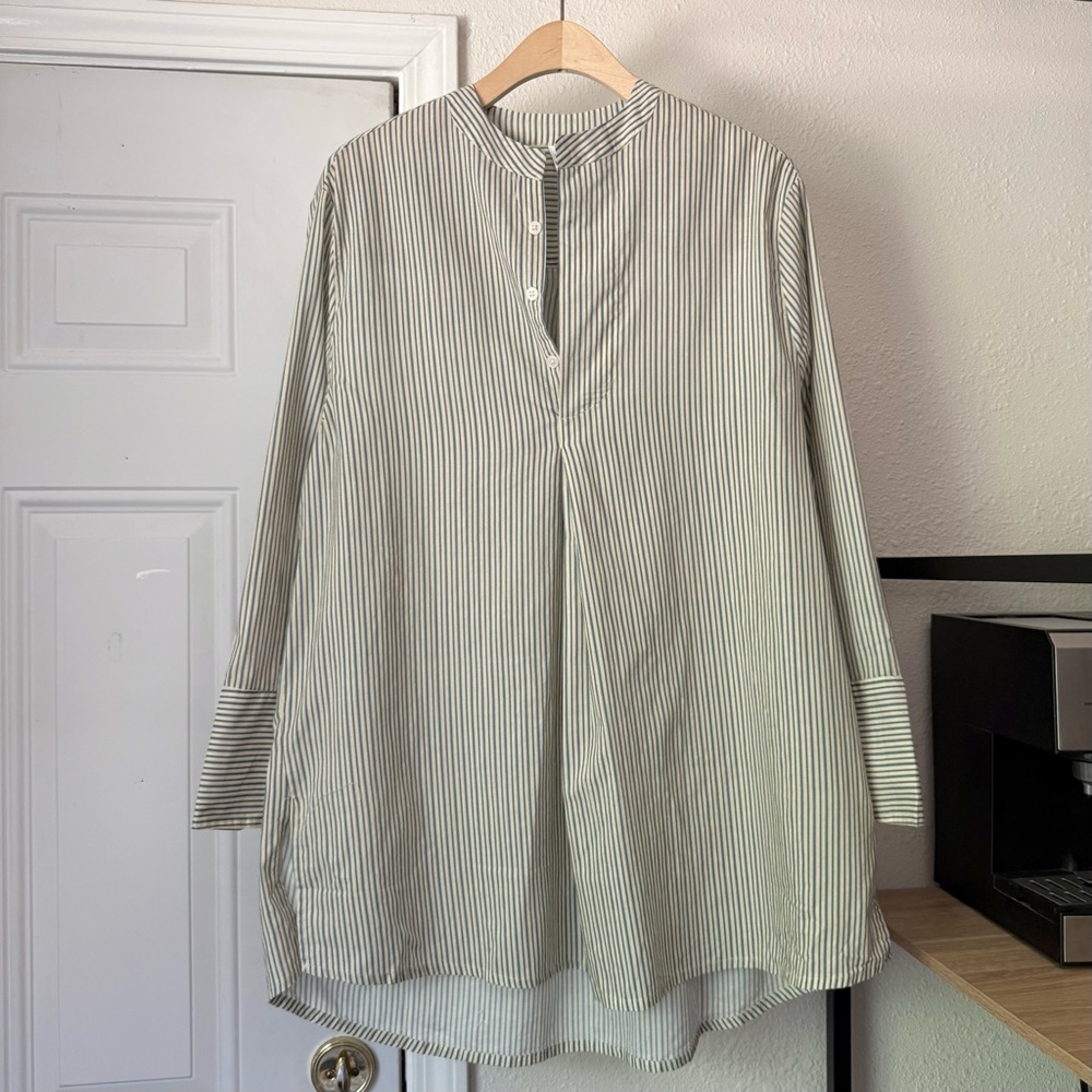 DOMI cream blue striped organic cotton popover polo long sleeve tunic shirt top